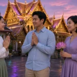 Young Thai adults greeting each other with a wai in a Bangkok temple courtyard at dusk