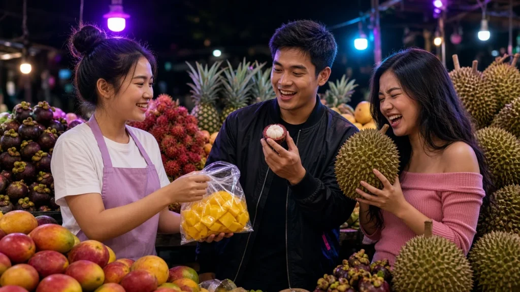 Three young Thai friends trying mangosteen, mango and durian at a night fruit stall in Bangkok.