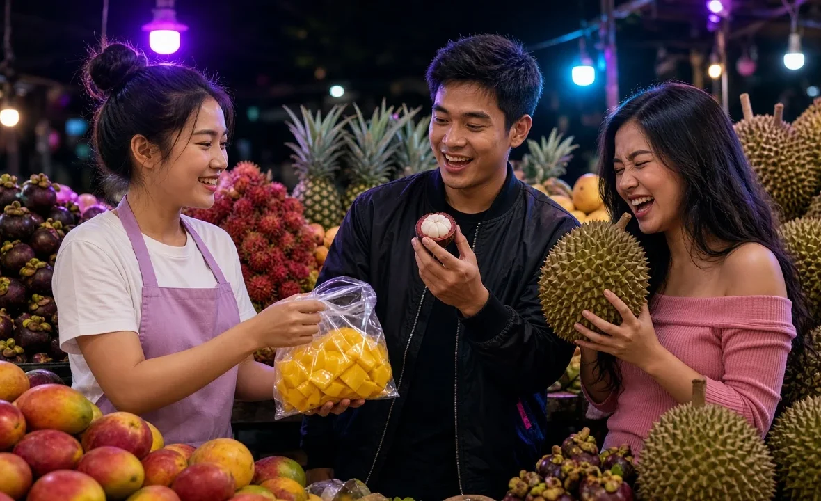 Three young Thai friends trying mangosteen, mango and durian at a night fruit stall in Bangkok.