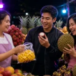 Three young Thai friends trying mangosteen, mango and durian at a night fruit stall in Bangkok.