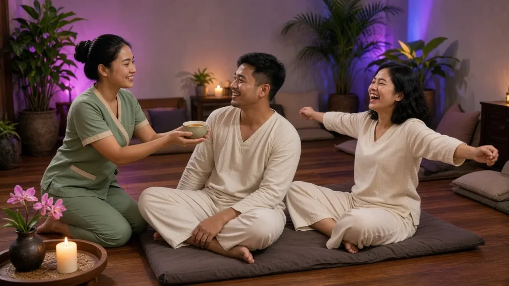 Young Thai adults relaxing with herbal tea in a calm Bangkok Thai massage room