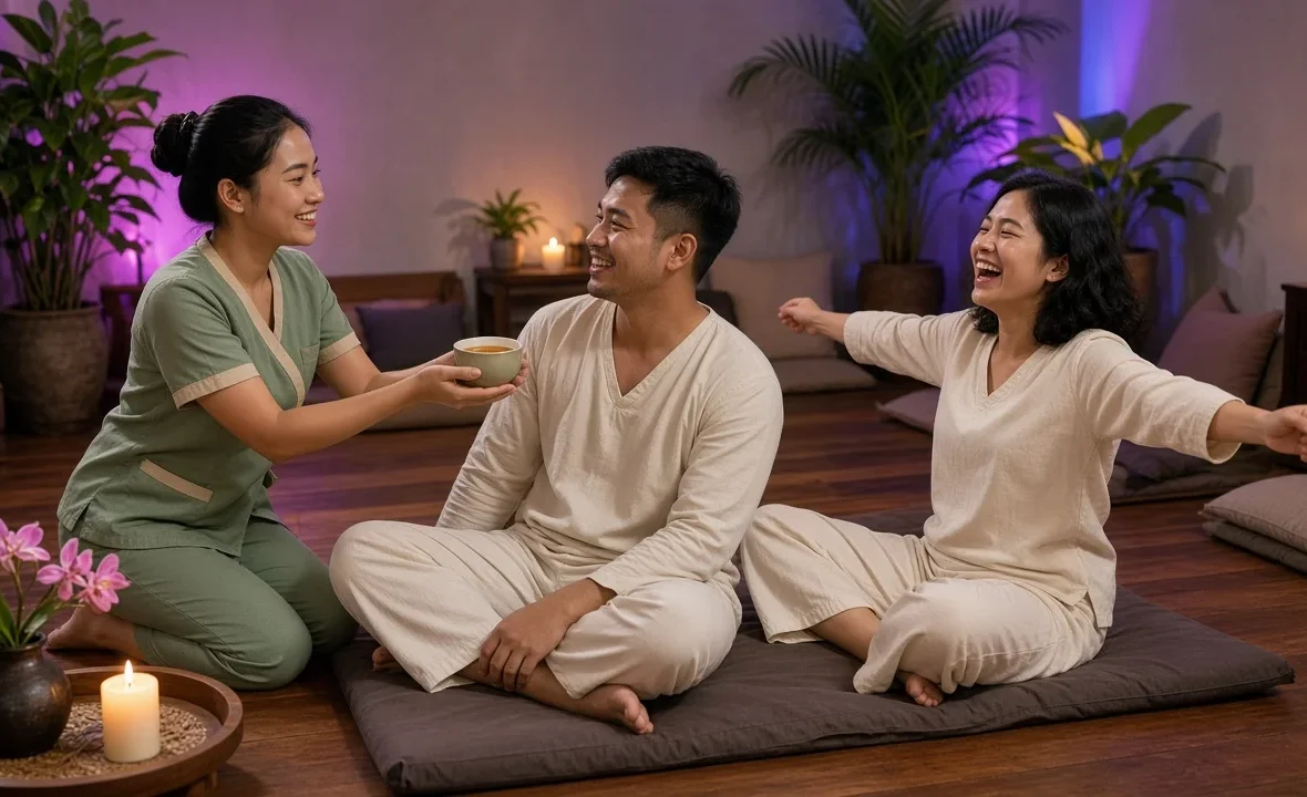 Young Thai adults relaxing with herbal tea in a calm Bangkok Thai massage room