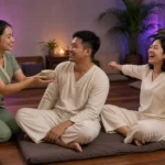 Young Thai adults relaxing with herbal tea in a calm Bangkok Thai massage room