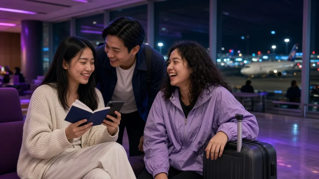 Young Thai travellers checking a phone and passport in an airport lounge before a flight