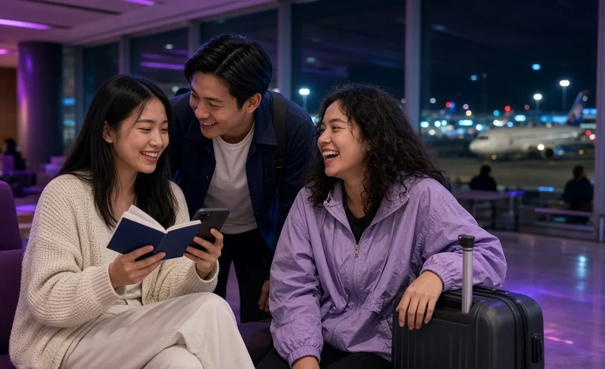 Young Thai travellers checking a phone and passport in an airport lounge before a flight