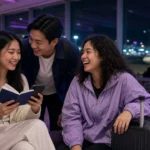 Young Thai travellers checking a phone and passport in an airport lounge before a flight