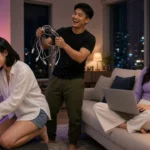 Three young Thai friends plugging chargers into a travel adapter in a Bangkok condo at night