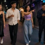 Four young Thai friends walking past lit cafes and bars on a Thonglor side street at night.