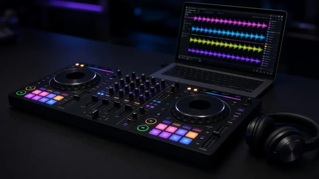 DJ controller with glowing performance pads connected to a laptop showing four waveforms in a dark booth