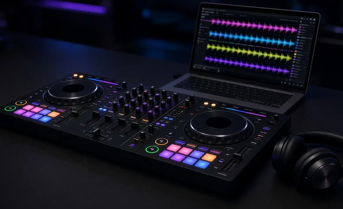 DJ controller with glowing performance pads connected to a laptop showing four waveforms in a dark booth