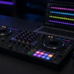 DJ controller with glowing performance pads connected to a laptop showing four waveforms in a dark booth