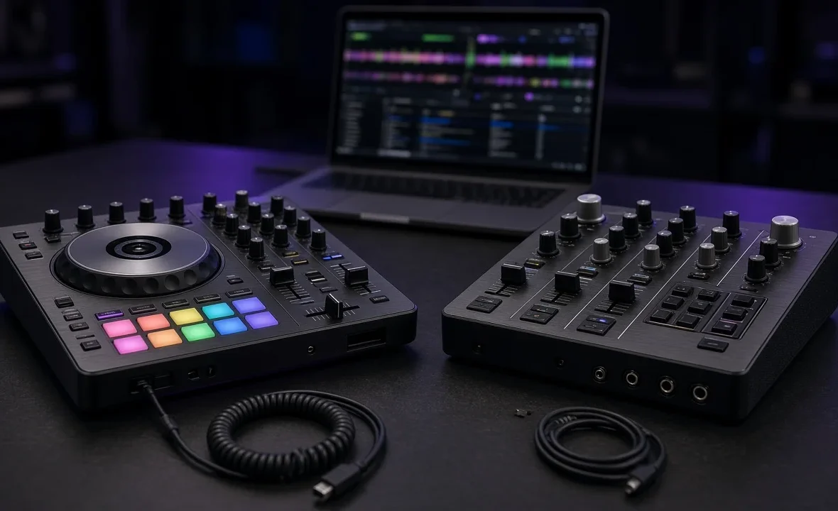 Two DJ controllers side by side with a laptop between them in a dark booth, comparing DJ software setups.
