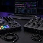 Two DJ controllers side by side with a laptop between them in a dark booth, comparing DJ software setups.