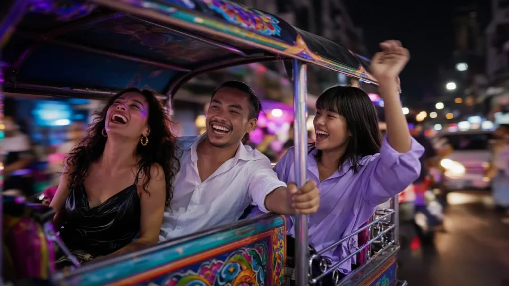 Young Thai friends laughing in the back of a tuk tuk on a glowing Bangkok street at night
