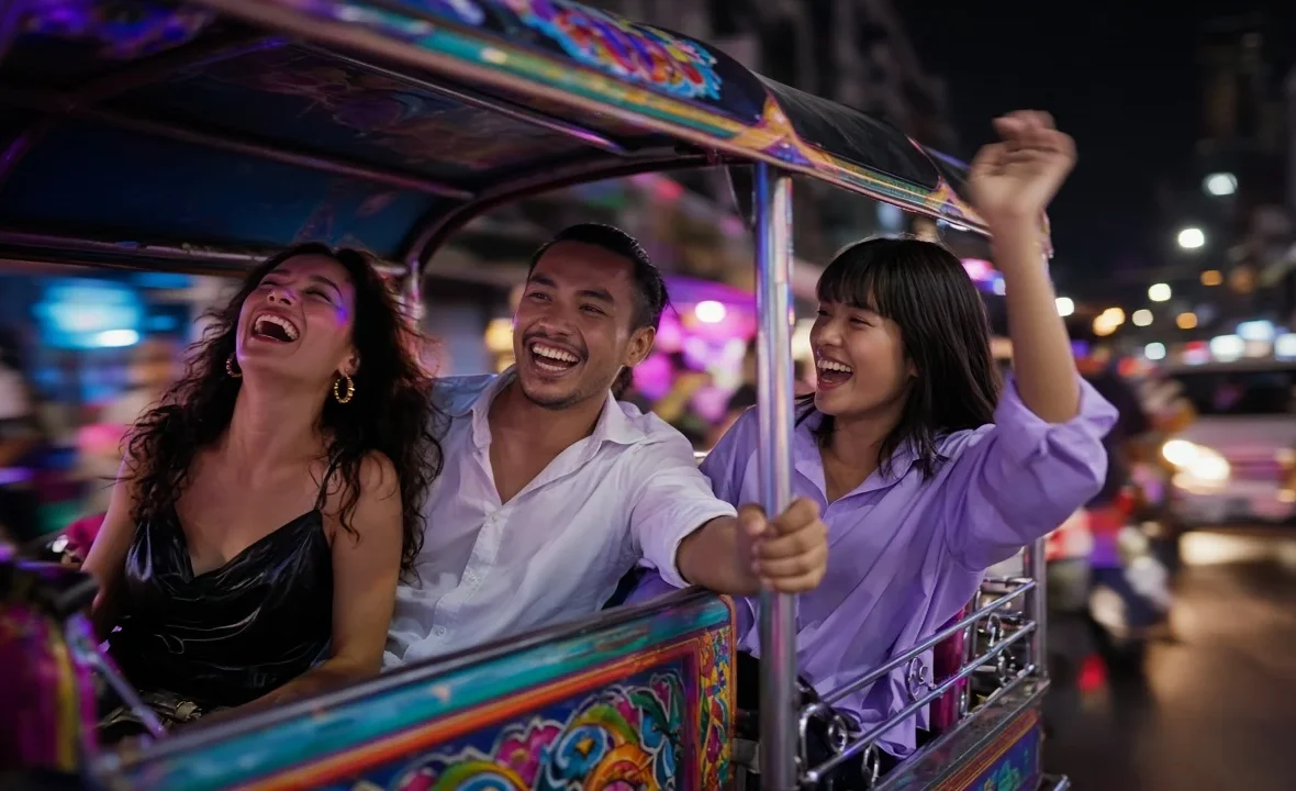 Young Thai friends laughing in the back of a tuk tuk on a glowing Bangkok street at night
