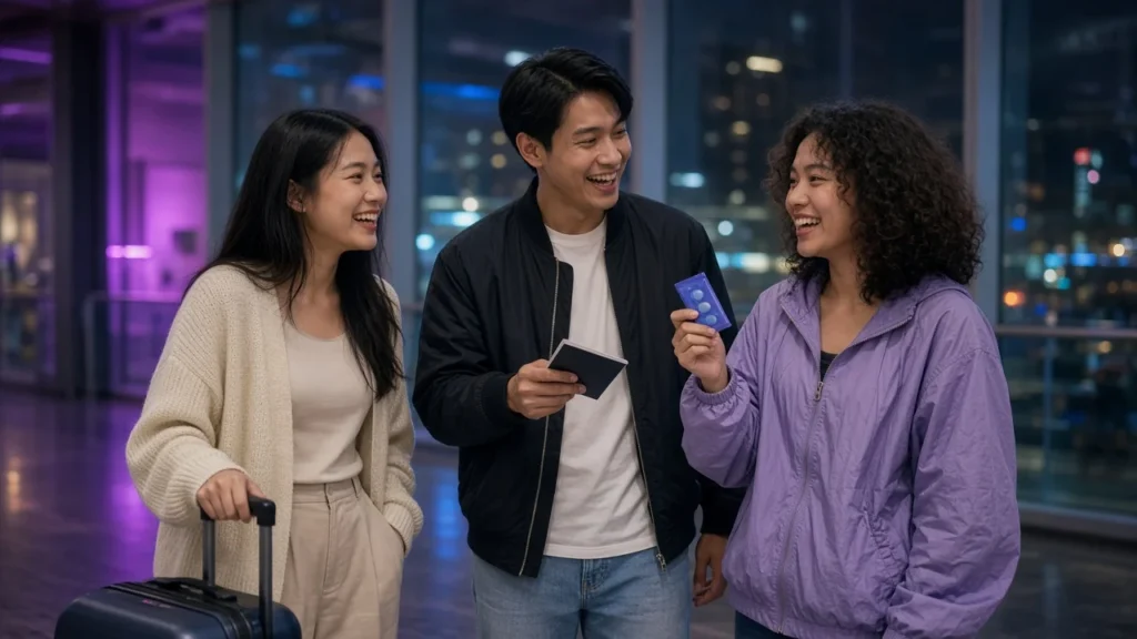 Young Thai travellers smiling with their luggage in an airport arrivals hall at night
