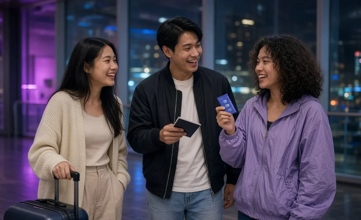 Young Thai travellers smiling with their luggage in an airport arrivals hall at night