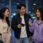 Young Thai travellers smiling with their luggage in an airport arrivals hall at night
