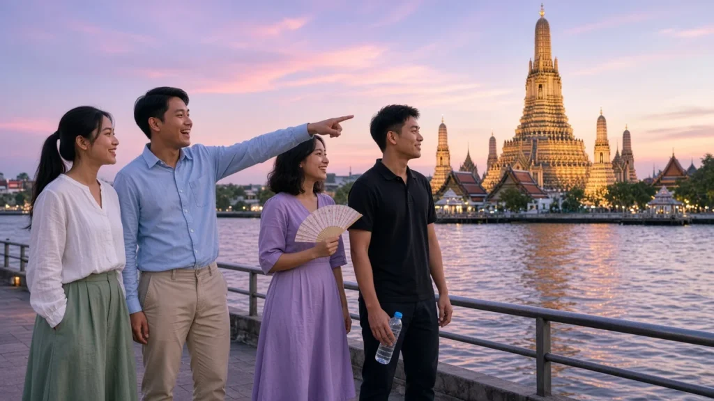 Young Thai adults in respectful dress on a riverside promenade with a porcelain temple spire glowing at golden hour