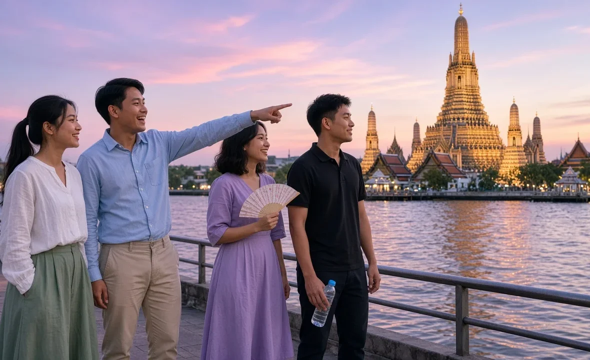 Young Thai adults in respectful dress on a riverside promenade with a porcelain temple spire glowing at golden hour