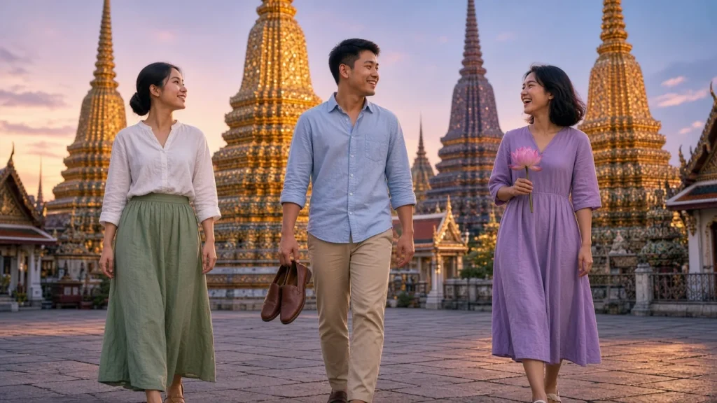 Young Thai adults in respectful dress admiring tiled chedis in a Bangkok temple courtyard at golden hour