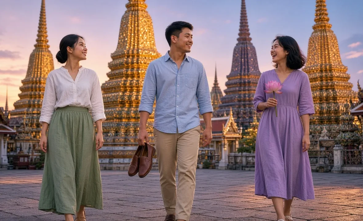 Young Thai adults in respectful dress admiring tiled chedis in a Bangkok temple courtyard at golden hour
