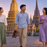 Young Thai adults in respectful dress admiring tiled chedis in a Bangkok temple courtyard at golden hour