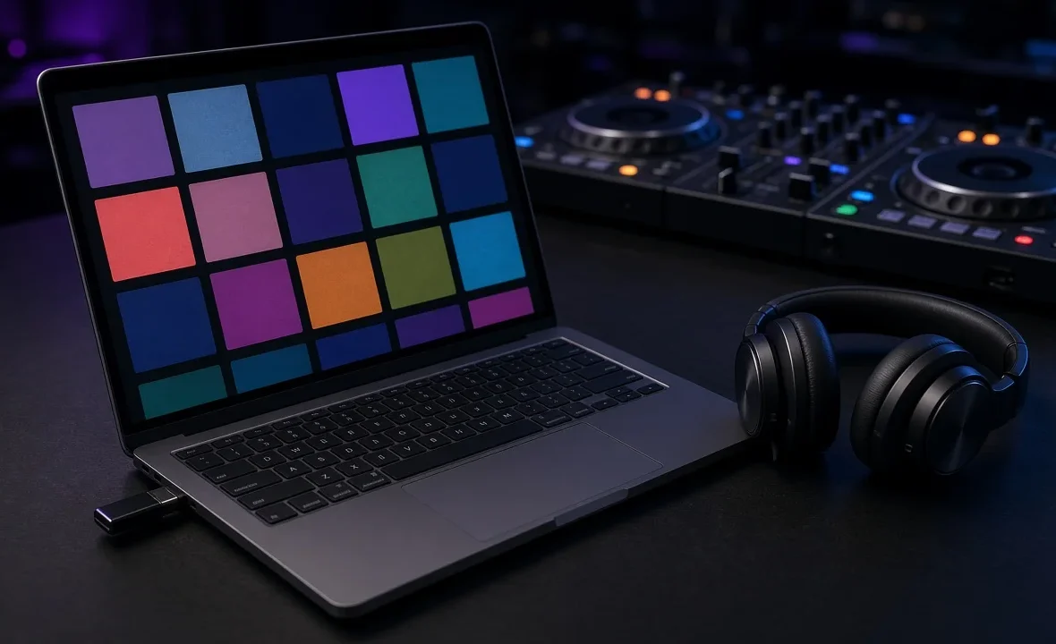 Laptop with a music download library, headphones and USB drive on a dark DJ booth, representing a DJ record pool