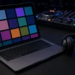 Laptop with a music download library, headphones and USB drive on a dark DJ booth, representing a DJ record pool