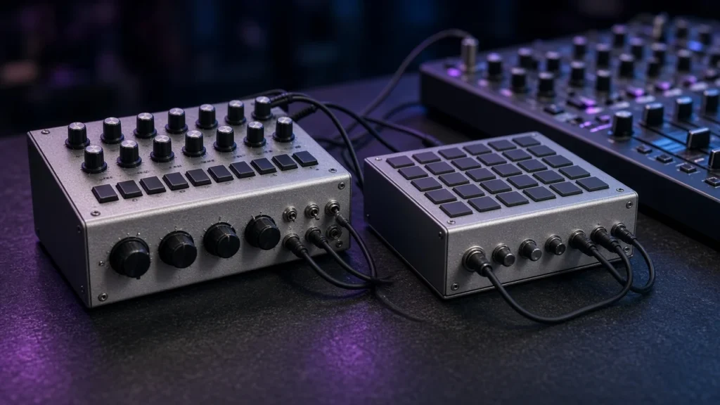 Vintage-style analogue bass synthesizer and drum machine on a dark studio desk