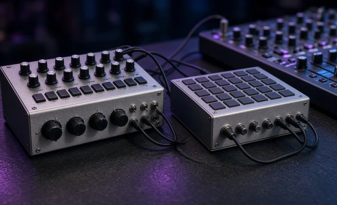 Vintage-style analogue bass synthesizer and drum machine on a dark studio desk