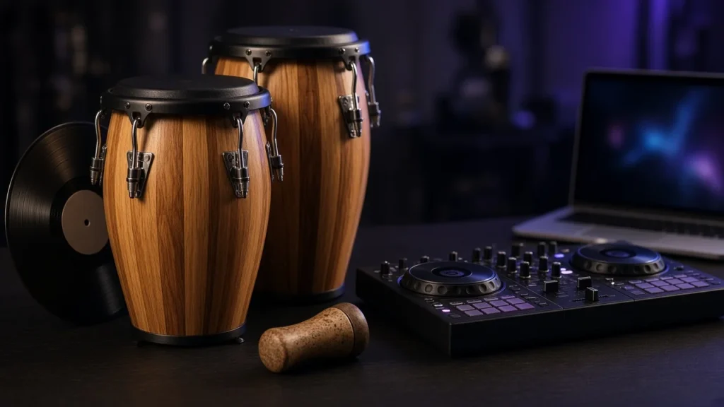 Conga drums and a shaker next to a DJ controller and laptop in a dark studio