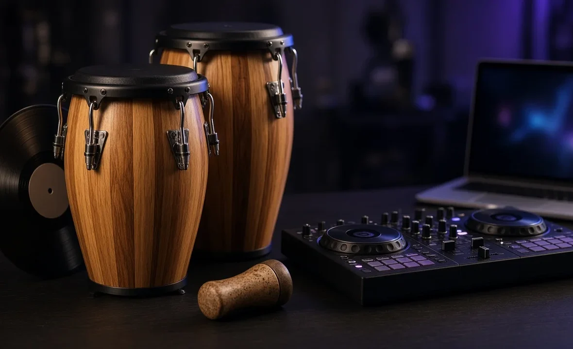 Conga drums and a shaker next to a DJ controller and laptop in a dark studio