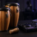 Conga drums and a shaker next to a DJ controller and laptop in a dark studio