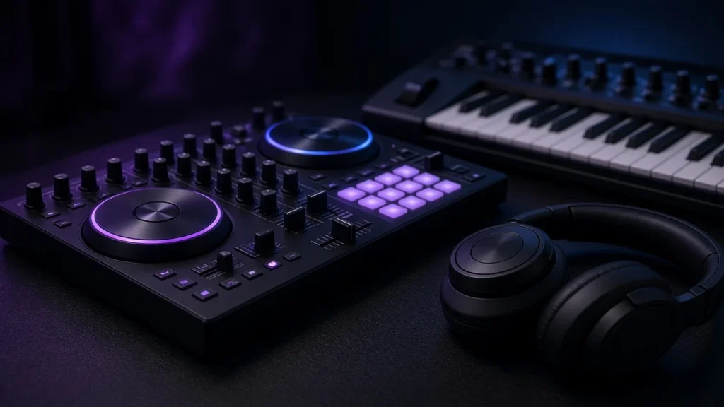 DJ controller, keyboard and headphones in a dark booth, ready for an amapiano set