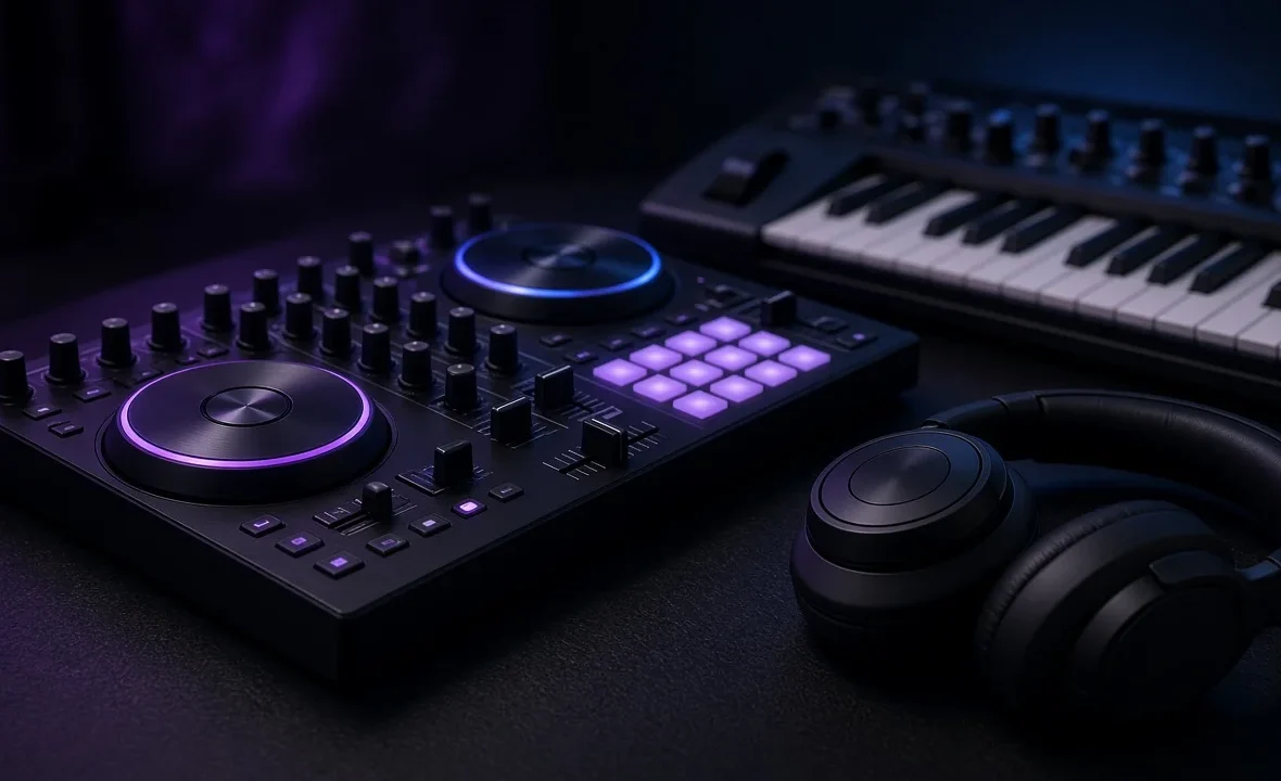 DJ controller, keyboard and headphones in a dark booth, ready for an amapiano set