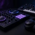 DJ controller, keyboard and headphones in a dark booth, ready for an amapiano set