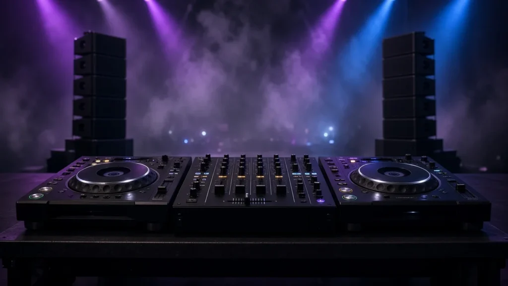 Festival-scale DJ setup with media players and a club mixer on a dark stage with haze and light beams