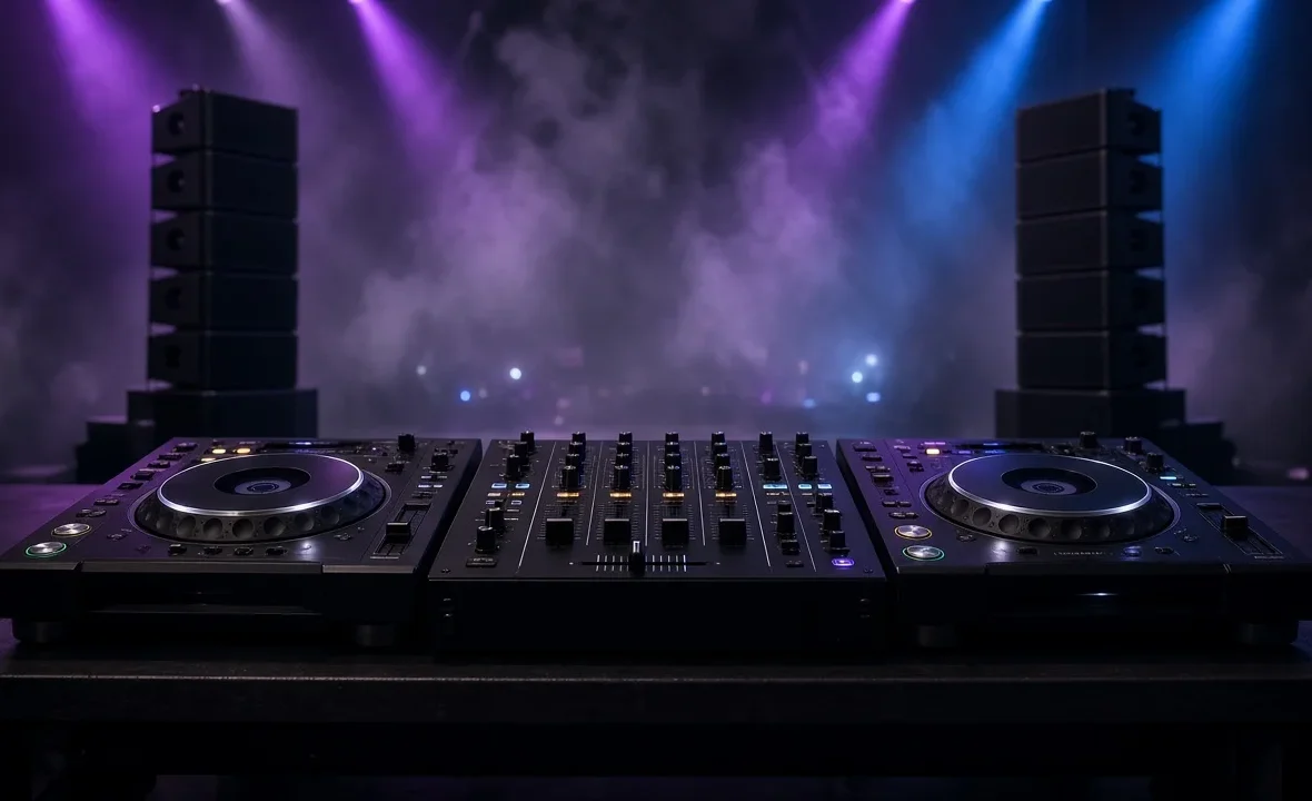 Festival-scale DJ setup with media players and a club mixer on a dark stage with haze and light beams