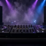 Festival-scale DJ setup with media players and a club mixer on a dark stage with haze and light beams