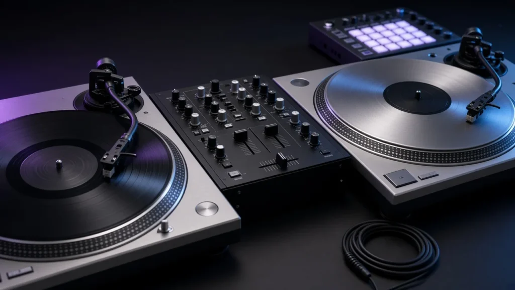 Two turntables, a battle mixer and a drum machine with glowing pads on a dark DJ booth.