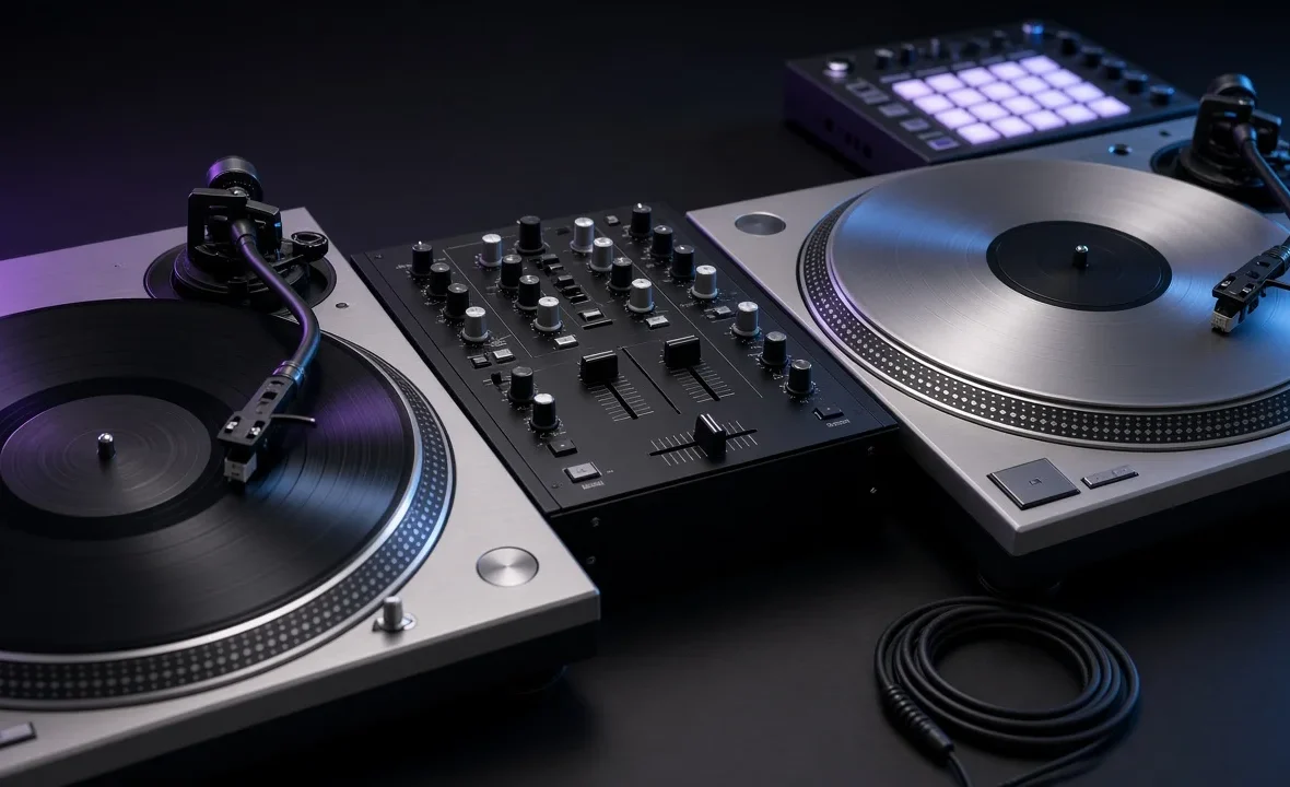 Two turntables, a battle mixer and a drum machine with glowing pads on a dark DJ booth.