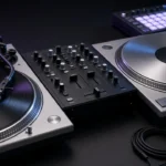 Two turntables, a battle mixer and a drum machine with glowing pads on a dark DJ booth.