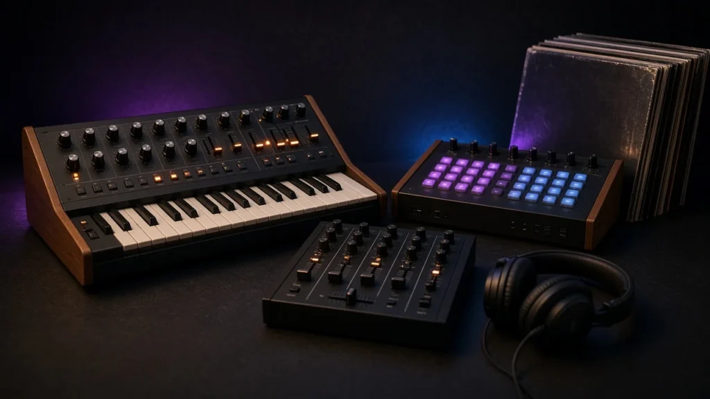 Vintage analogue synthesizer and drum machine beside a DJ mixer and headphones in a dark studio