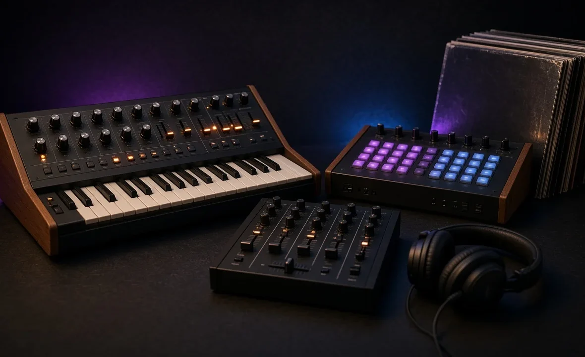 Vintage analogue synthesizer and drum machine beside a DJ mixer and headphones in a dark studio