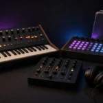 Vintage analogue synthesizer and drum machine beside a DJ mixer and headphones in a dark studio