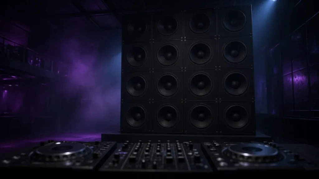 Stack of large subwoofers and a DJ booth in a dark club, evoking the heavy bass of dubstep