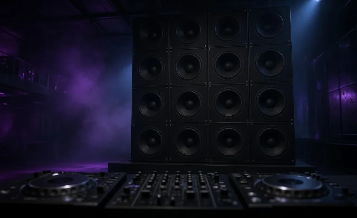 Stack of large subwoofers and a DJ booth in a dark club, evoking the heavy bass of dubstep