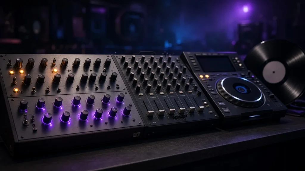 An analog synthesizer, DJ mixer and media player in a hazy dark club booth with purple and blue light