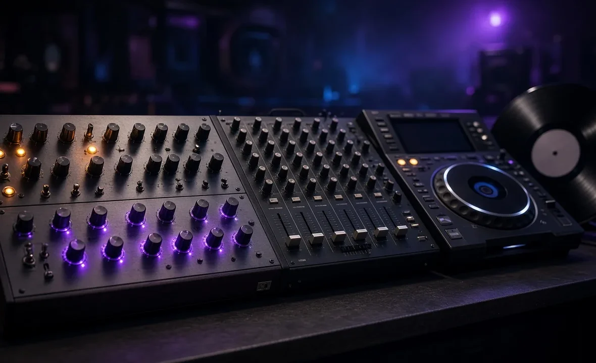 An analog synthesizer, DJ mixer and media player in a hazy dark club booth with purple and blue light